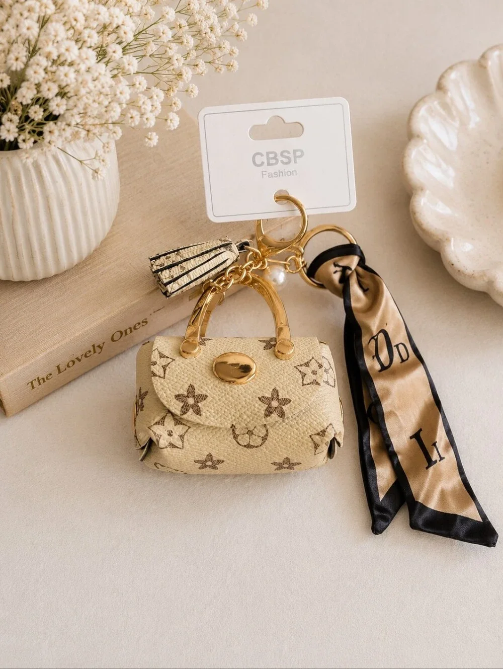 Beige Mini Purse Keychain with Gold Hardware